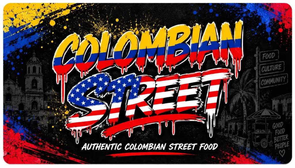 Colombian Street graffiti-style logo featuring Colombian and American flag colors for authentic Colombian street food in Wake Forest, NC.